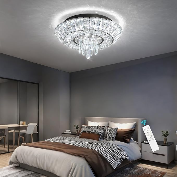 Crystal Chandelier 25W Modern Round Ceiling Light Fixture LED Raindrop Chandeliers Dimmable with Remote for Dining Room Living Room Entryway Hallway Bedroom Black