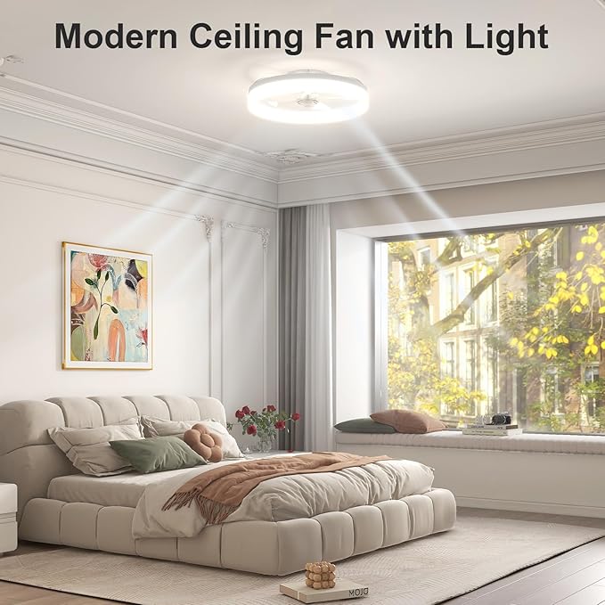 VOLISUN Low Profile Ceiling Fans with Lights and Remote, 19.7in Fandelier Ceiling Fan with Light, 3000K-6500K Dimmable Bladeless LED Fan Light, White Flush Mount Ceiling Fans with Lights for Bedroom