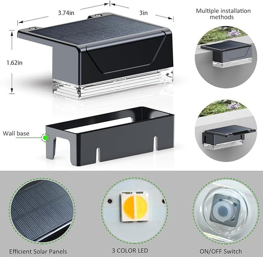 LIANGLOME Solar Fence Lights Outdoor - 3000/4000/6000K 3 Mode, IP65 Waterproof Solar Powered Fence Lights, Dusk to Dawn for Outside, Backyard/Step/Patio/Deck/Stair Railings and Wall (8 Pack)