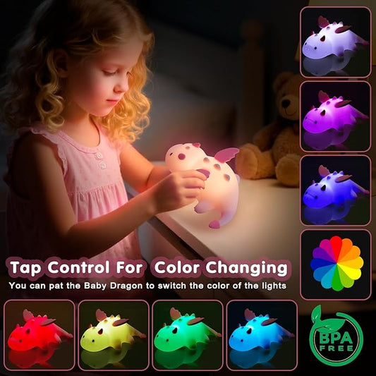 Cute Baby Dragon Kids Night Light for Kids,Cute Soft Silicone Lamp 3 Level Dimmable Changing Rechargeable Breastfeeding Nursery Portable Kawaii Lamps,Bedside Lamp for Baby and Toddler,Boy Girls(Pink)