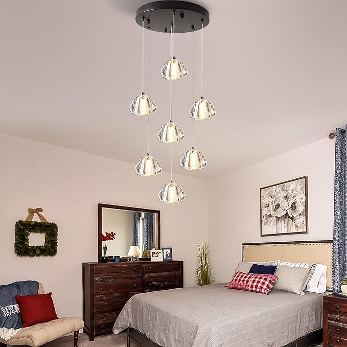 Modern Crystal Foyer Chandelier 7-Lights Raindrop Pendant Light Fixture, Bubble LED Flush Mount Staircase Living Room Light Fixture Black