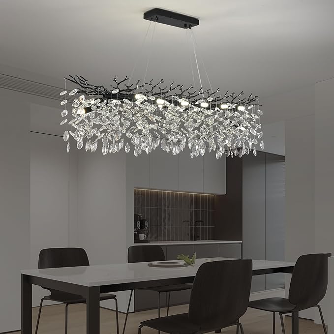 Modern Crystal Tree Branch Chandelier L40'', Black Linear Rectangle Art Deco Pendant Light Raindrop Lighting Fixture for Dining Room Kitchen Island 10 Lights