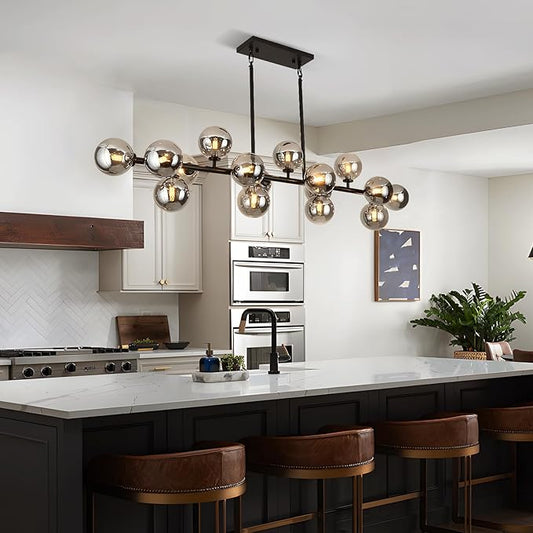 Mid Century Modern Chandelier 55in Linear Bubble Chandeliers 16-Light Black & Gray Sputnik Pendant Lighting Fixture for Dining Room Kitchen Island