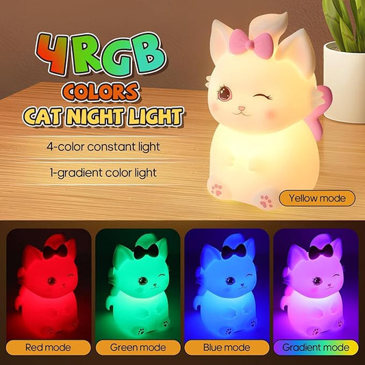 Cute Cat Night Light for Kids, 7 Color Changing & Dimmable, Super Squishy Silicone USB Rechargeable Lamp, Portable Nursery Light & Kawaii Gift for Baby, Boys, Girls & Adults, for Bedroom Decor