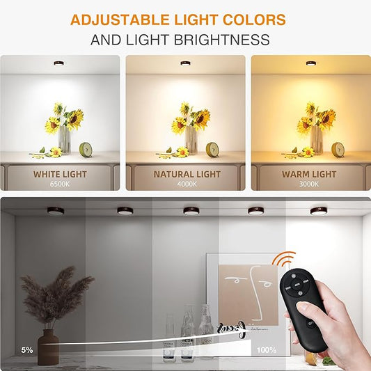 Puck Lights with Remote Control Rechargeable, Full-Screen Wireless LED Under Cabinet Lighting with Light Guide Plate,3 Color Dimmable Stick On Tap Lights for Kitchen,Counter,Closet,Shelf, 4PCS,Wood