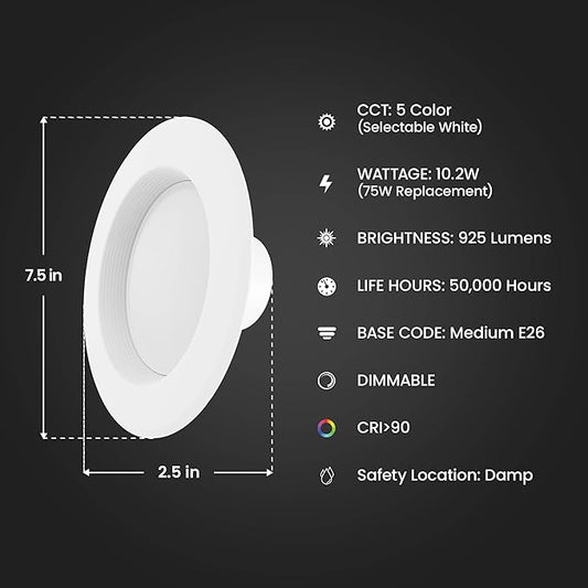 Feit Electric LED Recessed Light Retrofit Kit - 5/6 in Dimmable with Baffle Trim, 75W Equivalent, Adjustable White 2700K–5000K, 90+ CRI, for Living, Bathroom, Dining & Kitchen Room