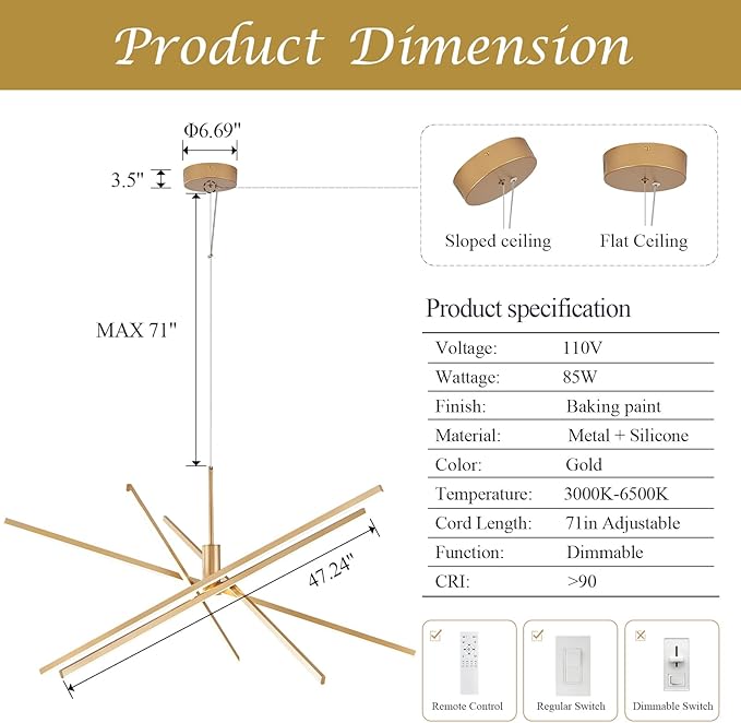 Big Gold Chandelier for Foyer Living Room 48 Inches High Ceiling Chandeliers Modern Remote Control Sputnik Chandelier for Large Living Room Dining Room Foyer
