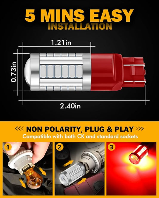 Auxbeam 7440 7443 LED Bulbs Brilliant Red for Tail Lights T20 7441 7444 Replacement Kit for Stop Brake Lights, 33-SMD LED Chips with Projector, Pack of 2 (Need Resistors)
