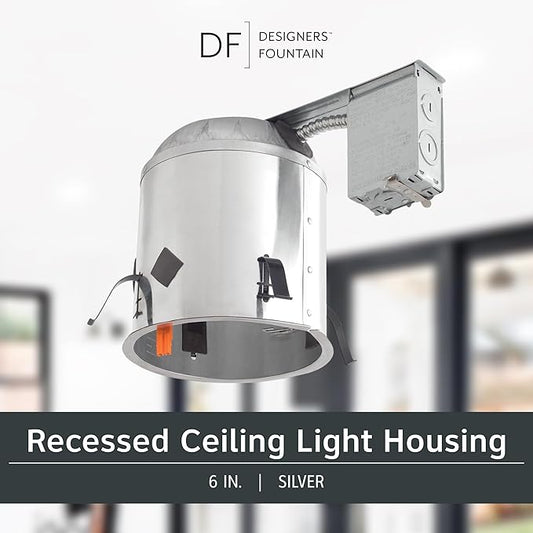 Designers Fountain LED Recessed Ceiling Light Housing, 6 Inch IC Rated Shallow Remodel Can Housing for Recessed Lights with Hanger Bar, Silver Trim, EVR6LICRAT