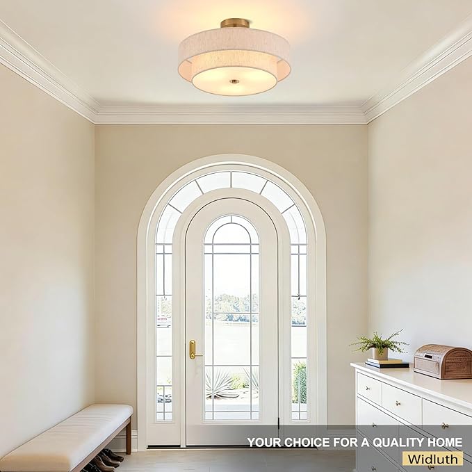 Modern Semi Flush Mount Ceiling Light 18" Modern Gold 3-Lights Drum Ceiling Lighting Fixture Vintage Linen Golden Ceiling Lamp for Laundry Room, Kitchen, Basement, Dining Room, Bedroom