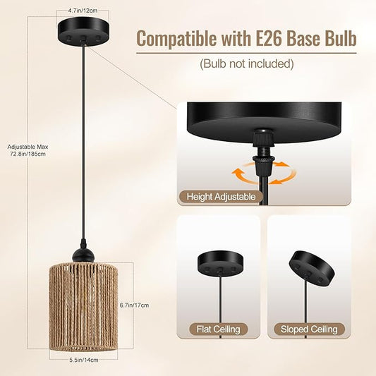 BoostArea Rattan Pendant Lights Kitchen Island, Farmhouse Chandelier with Handwoven Wicker Shade, Adjustable Height Boho Hanging Light for Kitchen Island/Dining Room/Bedroom/Hallway, 1 Pack, No Bulb