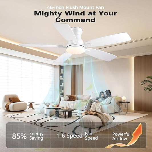 JSAITEE 46in Ceiling Fans with Lights - Flush Mount Low Profile Ceiling Fan with DC Motor, 6 Speeds 3CCT Dimmable, Modern Indoor Fan Light Fixtures for Bedroom, Kitchen, White