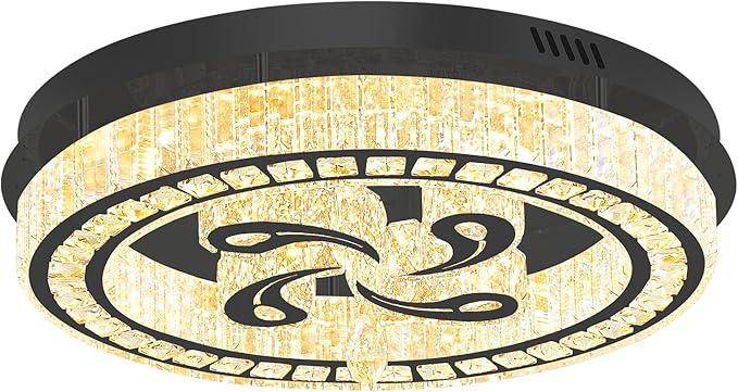 24'' Black Modern Crystal Chandelier LED Dimmable Flush Mount Crystal Ceiling Light for Living Room Bedroom Dining Room