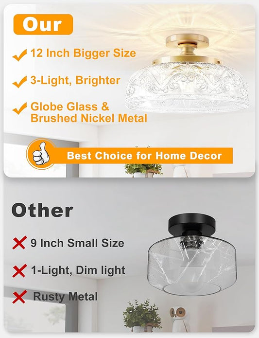Semi Flush Mount Ceiling Light, 12 Inch Large Gold Ceiling Light Fixture, 3-Light Globe White Glass Farmhouse Kitchen Lighting Fixtures for Bathroom, Hallway, Dining Room (Bulb Not Included)