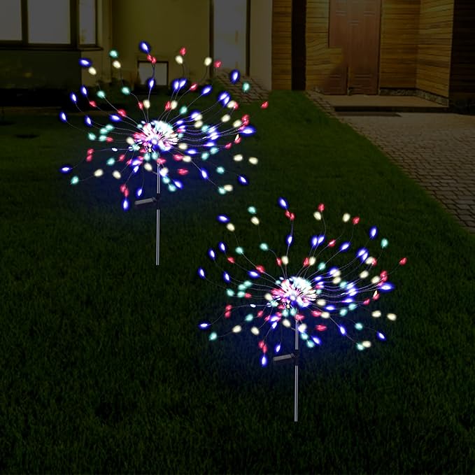 PXBNIUYA 2 Pack 175 LED Solar Firework Lights Outdoor, 4th of July 2 Modes Solar Garden Light Waterproof Twinkling Light, Starburst Lights for Landscape Path Halloween Christmas Decor (Colorful)