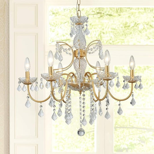 Bestier Gold Finish Elegent Crystal Candle Candelabra Chandelier 6 Light Lighting Fixture LED Pendant Ceiling Light Dia 26 in x H 26 in