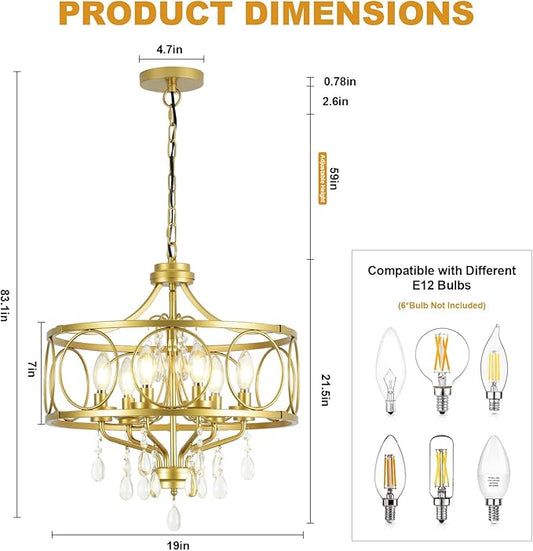 6-Light Modern Gold Crystal Chandelier Dining Room Pendant Lighting Fixture for Farmhouse Bedroom Living Room Kitchen Entryway E12 Bulbs Not Included