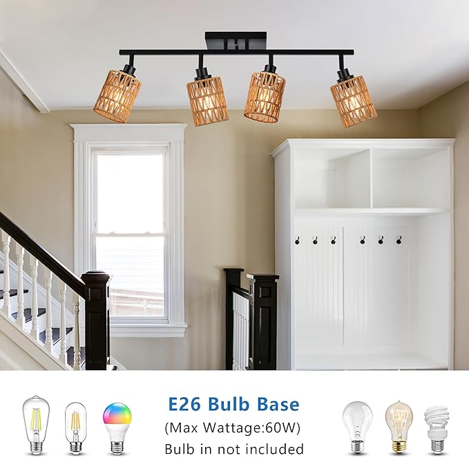 MELUCEE 4 Light Track Lighting Kit Farmhouse Bathroom Light Fixtures Black Ceiling Spotlight Fixture with Rattan Lamp Shade for Hallway Porch Foyer Bath Storage