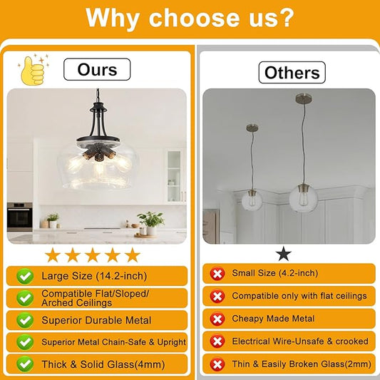 Modern Pendant Lights Kitchen Island, 3-Light Black Pendant Light Fixtures with 14.2" Clear Air Bubble Glass Shade, Industrial Hanging Pendant Lights Fixture for Kitchen Island, Dining Room, Entryway