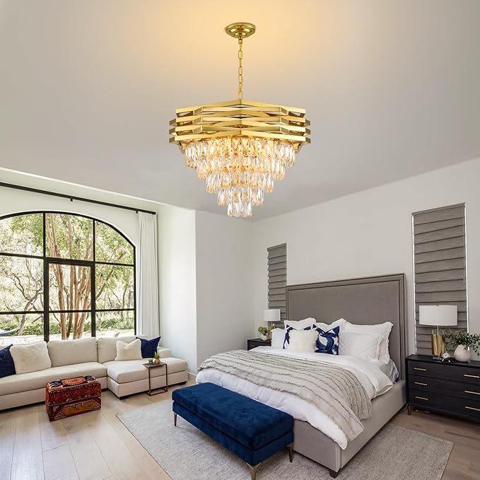 Gold Modern Crystal Chandelier 24" Round Chandeliers for Dining Room K9 5 Tiers Ceiling Pendant Light Fixtures Large Flush Mount Chandelier for Living Room Entryway Foyer Staircase