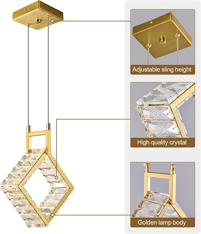 Kitchen Island Mini Light Fixture Modern Led Crystal Pendant Light Gold Square Chandelier for Dining Room Living Room Kitchen Bedroom Bar(1-Pack)…