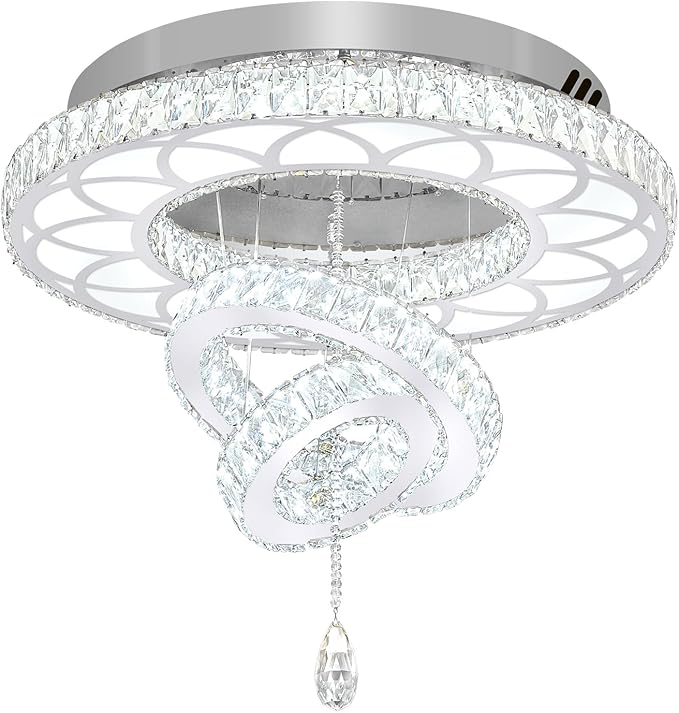 Flashing God Dia 24" Crystal Chandelier Crystal Silver Ceiling Light Fixtures LED Flush Mount Ceiling Light for Living Room Bedrooms Dining Room Dimmable 2700k 4500k 6000k