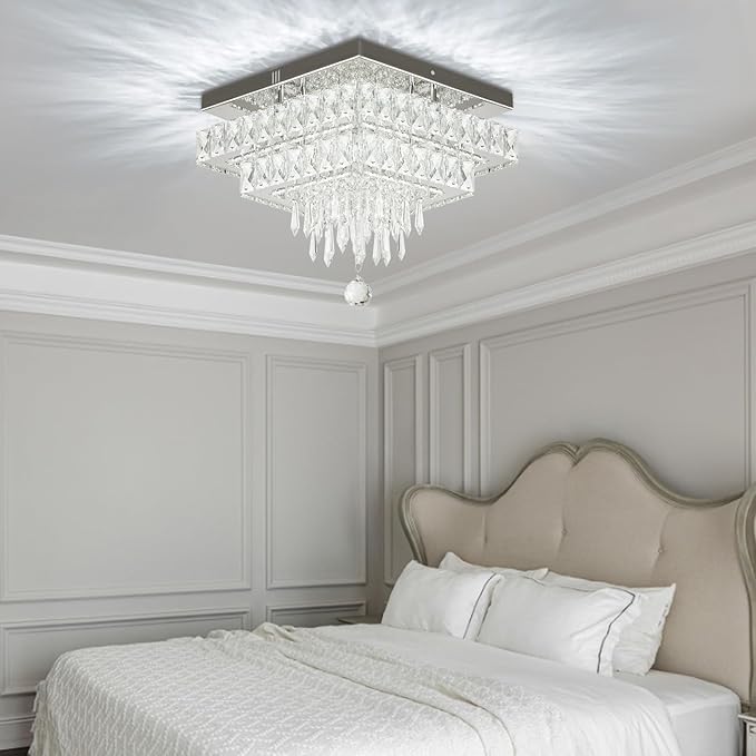 Finktonglan 13" Dimmable Crystal Ceiling Light with Remote & App, Modern Square Flush Mount Chandelier, Adjustable Brightness & 3 Color Modes, 36W for Bedroom Entryway Hallway Living Room