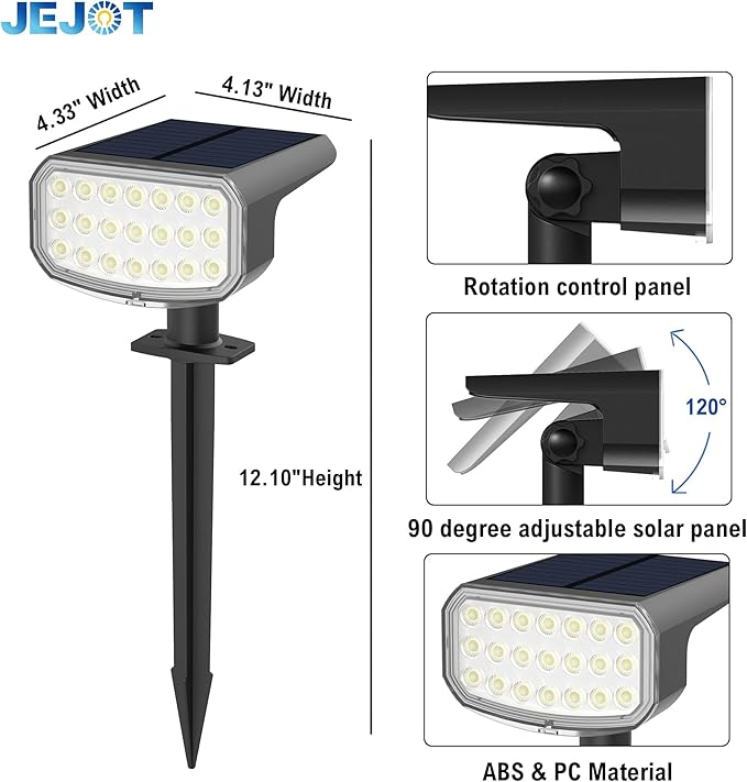 Solar Lights Outdoor Waterproof IP65, Super Bright LED with Lens, 6500K 2 Lighting Modes, Solar Powered Yard Garden Solar Spot Lights for Outside Landscape Auto On/Off - 4 Pack