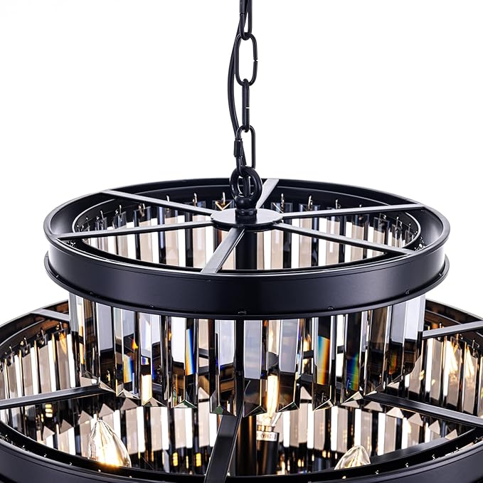 Wellmet Smoke Gray Luxury 7-Tier Chandelier - Large Black Crystal Chandelier for Living, Dining, Porch, Entryway, Hallway, Restaurant - 31''W