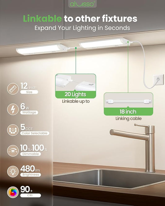ALUSSO 12 Inch LED Under Cabinet Lighting Plug in 120V, 5CCT Color Selectable 2700K-5000K Dimmable 6W 480LM High Brightness, CRI 90+ Strip Linkable Under Counter Lights for Kitchen Sink, 1 Pack