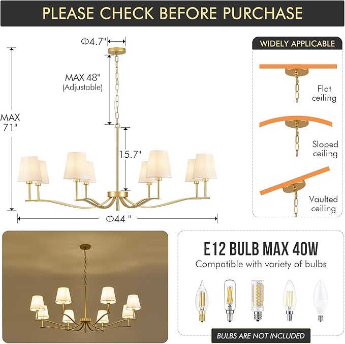 8 Light Brass Gold Chandelier with White Fabric Shade 44'' Linen Dining Room Chandeliers Over Table Kitchen Chandeliers Light Fixture for Living Room Bedroom Entryway Home Office