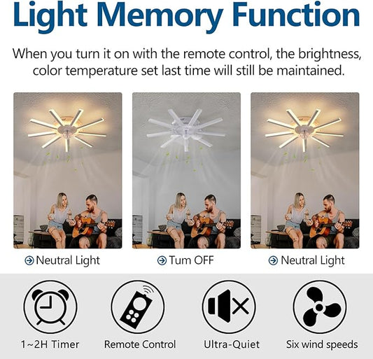 27" White Straight Strip Geometric Ceiling Fan with Lights, 3 Colors 6 Speeds Low Profile Ceiling Fan with Light for Kitchen Bedroom