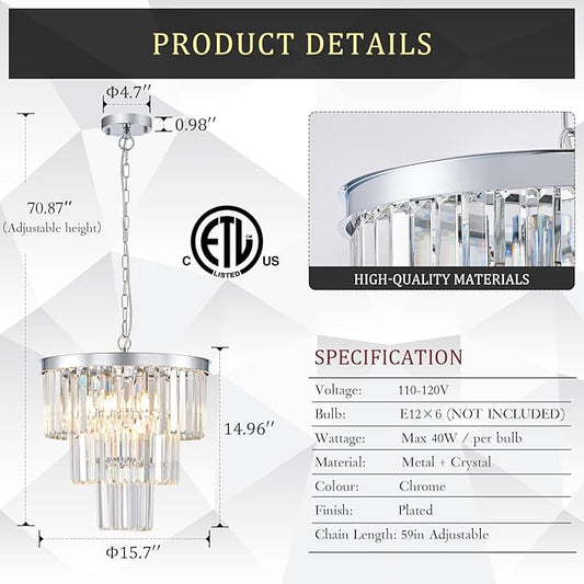 CATINER Modern Chrome Crystal Chandeliers 16" Small Pendant Light Luxury 3 Tiers 6-Light K9 Crystal Ceiling Pendant Round Light Fixture for Dining Room Entryway Kitchen Bedroom Closet