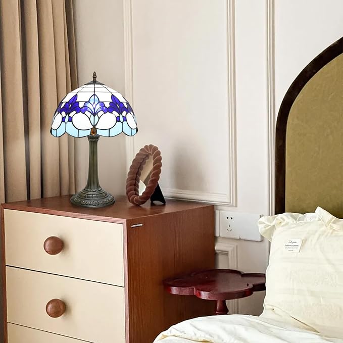 Tiffany Style Table Lamp with Blue Iris Stained Glass Lamp 12 Inch Retro Bronze Base Bedside Lamp Living Rooms, Offices, Hotel,Coffee Shop European Style Decorative Ambient Light Bedside Lamp