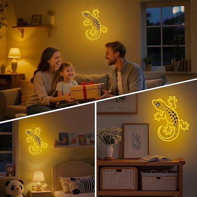 OkiyiD Gecko Neon Sign, Gecko Wall Art Decor Gifts with USB Power, Wild Reptile Themed Ambient Lighting for Bedroom, Office, Game Room and Bar
