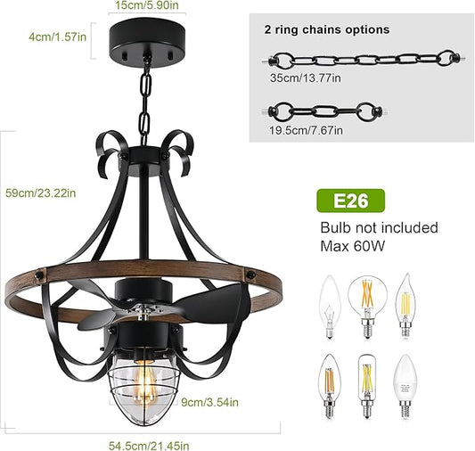 Garwarm Waterproof Outdoor Ceiling Fan with Lights and Remote,IP44 Black Outdoor/Indoor Ceiling Fans for Patios 6-Speed DC Motor, Farmhouse Gazebo Fan for Porch Pavilion