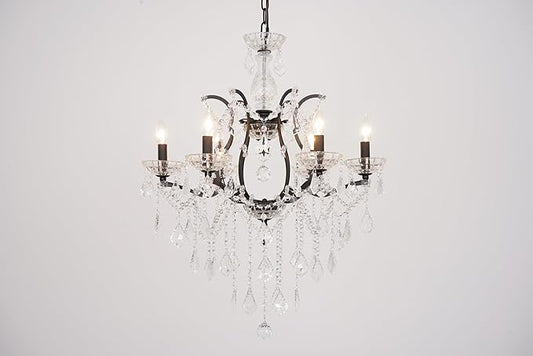 6-Light Crystal Chandelier Black Finish Modern Luxury Antique Flush Mount Chandelier with Crystal Drops Prisms Beads, Elegant Dining Room Living Room Entryway Foyer Ceiling Light Fixture