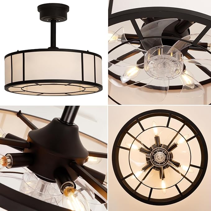 SHLUCE Fandelier Caged Boho Ceiling Fan with Light, Farmhouse Small Ceiling Fans with Lights and Remote, Rustic Bladeless Ceiling Fans with Lights for Bedroom, Kitchen, 6 Lights, 6 Speeds, White