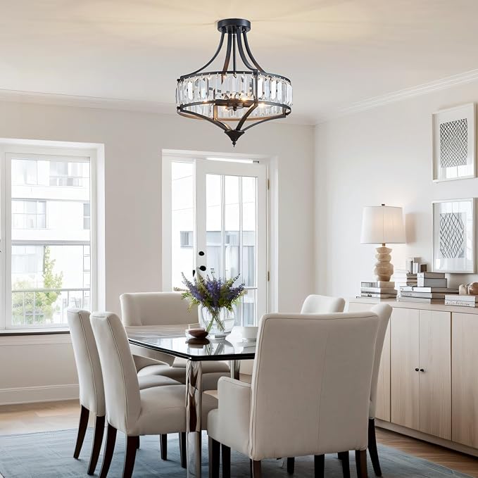 Crystal Black Ceiling Light Fixture, Modern Industrial Chandelier Semi Flush Ceiling Light for Dining Room Living Room Bedroom Hallway, Round Kitchen Lighting Fixtures Ceiling, 4 Lights