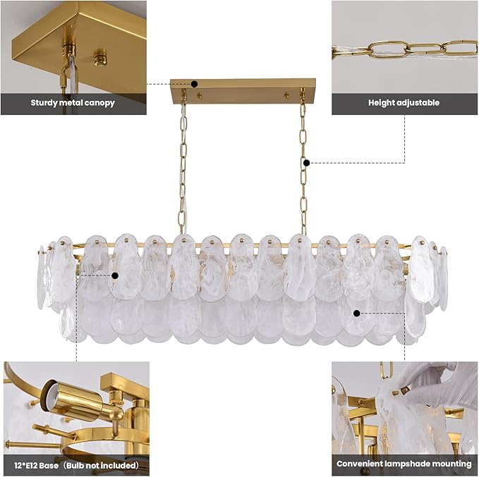 Modern Rectangle Glass Chandelier, 43.31 Inch Gold Luxury Crystal Pendant Light, 12-Light Oval Cloud-Shaped Fixture for Island Lights Dining Room, Living Room, E12 Socket