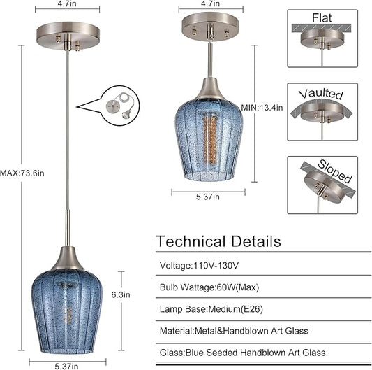 Viinew Mini Glass Pendant Light,5.4" Tulip Flower Shape Dark Blue Glass Hanging Light,1-Pack Handblown Clear Blue Seeded Shade Adjustable Cord Ceiling Light Fixture for Kitchen Island Sink