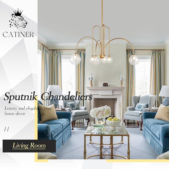 Gold Sputnik Chandelier,6 Lights Large Modern Chandelier L40”Mid Century Long Ceiling Pendant Light Fixtures for Dining Room with Clear Glass Globe Shades for High Ceiling Foyer Living Room