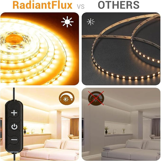 RadiantFlux Warm White Led Strip Lights for Bedroom, 16.4ft 300Leds, Dimmable,Flexible, Super Bright LED Tape Lights for Living Room, Kitchen, Vanity Mirro (Indoor Use)