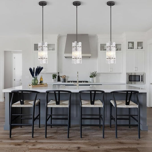Modern Crystal Pendant Light for Kitchen Island, Pearl Black Luxury Mini Water Ripple Glass Chandelier Lights Fixture, Square Adjustable Hanging Pendant Lighting for Dining Room Bedroom (3-Pack)