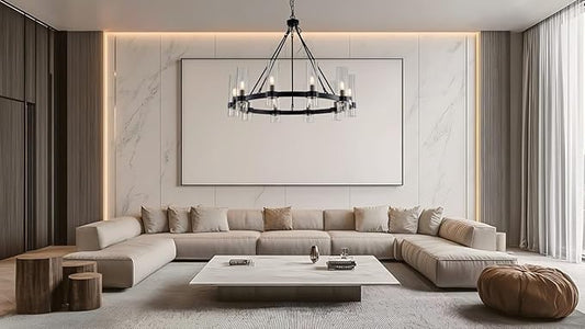 32 Inch Black Wagon Wheel Chandelier with Glass Shade, 10 Lights, Modern Farmhouse Style, Ideal for Dining Room, Kitchen, Entryways