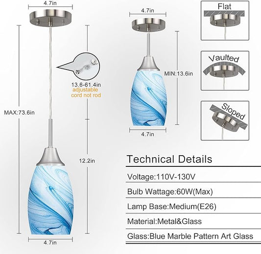 Viinew Mini Glass Pendant Light 1-Pack with Handblown Blue Marble Art Oval Glass Lamp Ceiling Hanging Light 4.72" Small Chandelier for Dining Room Kitchen Foyer Hallway