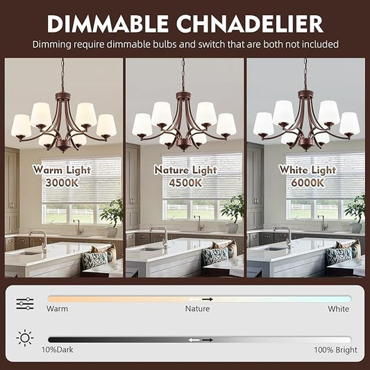 Oil-Rubbed Bronze Farmhouse Chandelier for Dining Room Hanging Lighting Fixtures 6-Light Chandelier with Frosted Glass Shade, Rustic Pendant Light for Kitchen Island Adjustable Height 47.2’’