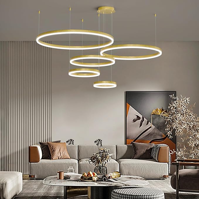Mikeru Modern 5 Ring Chandelier Light, LED Pendant Light Fixtures with Remote Control 3000k-6500K Adjustable Color Temperature Light for Living Room, Kitchen