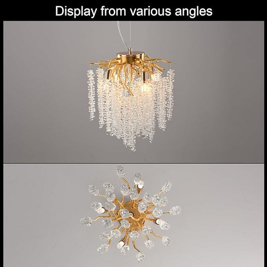 Crystal Tree Branch Chandelier Gold Roud Raindrop Pendant Light Tassel Ceiling Hanging Light Fixtures for Bedroom Living Room Dining Room Entryway Dia 12"