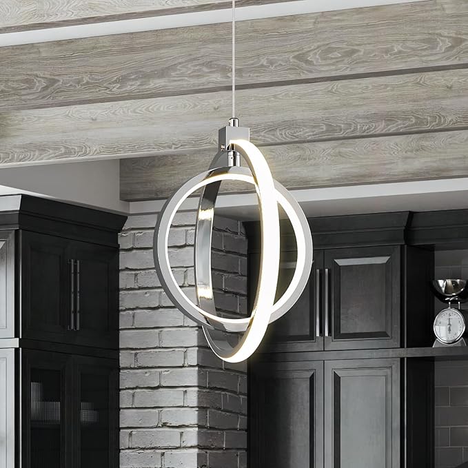 Modern LED Chandelier Chrome Ring Pendant Light Fixtures 4000K Dimmable Height Adjustable Pendant Lighting for Dining Room Kitchen Island Bedroom Living Room Foyer(1-Pack)…